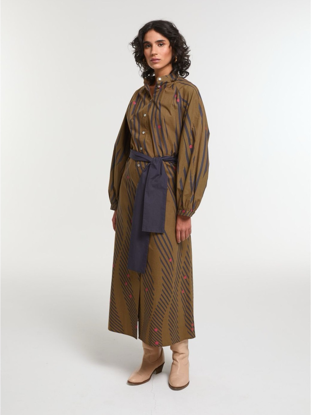 Mapoésie Paris Eulalie Print 100% Cotton Poplin Midi Dress Khaki Boho One Size